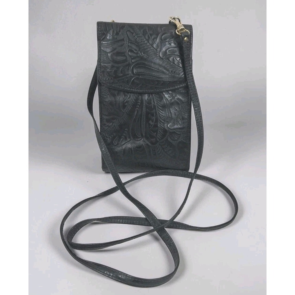 La Garde Black Macro Bag Italian Cowhide Tooled Leather Crossbody‎ Wallet ITALY